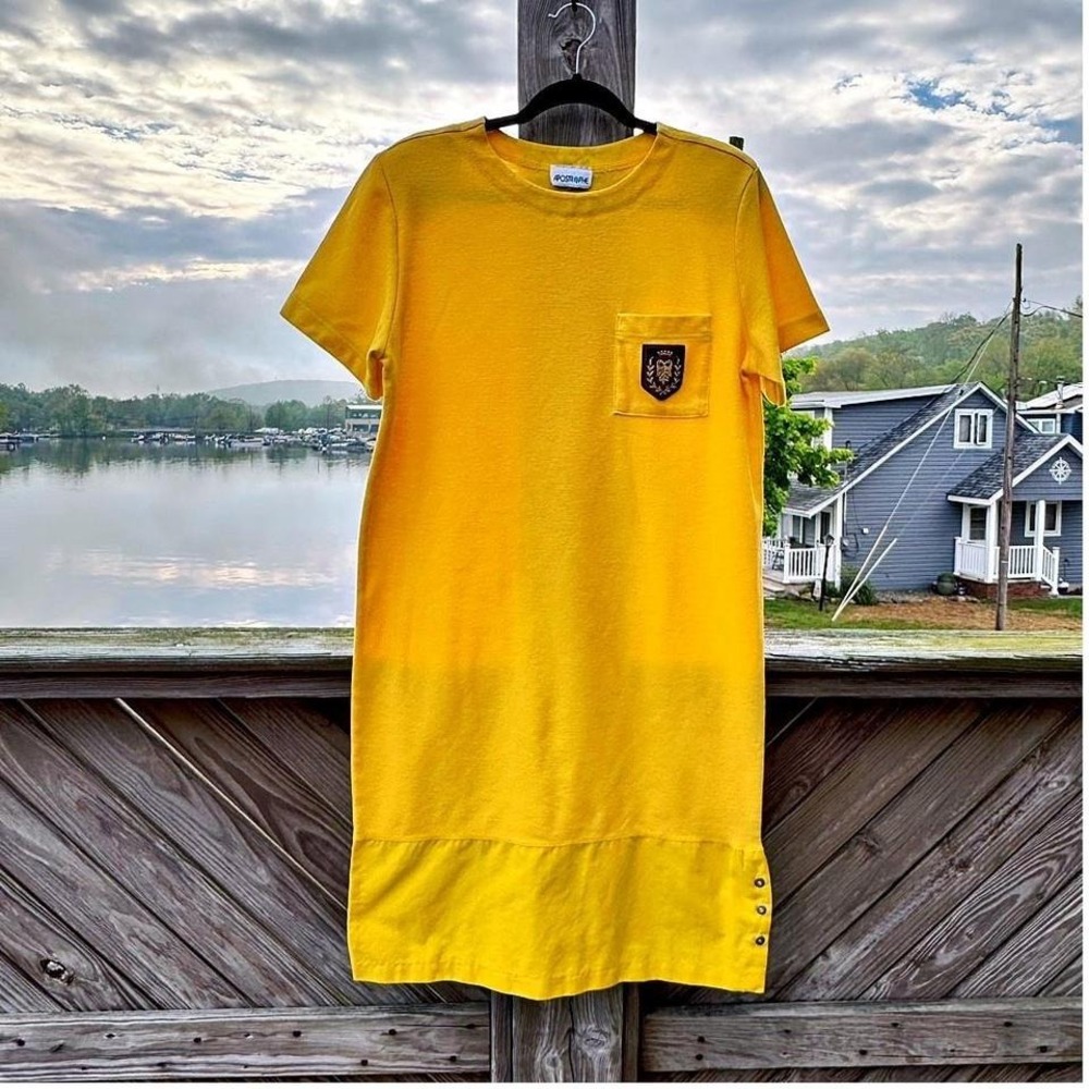 Vintage 80s Shirt Dress Women's Size Medium Petite Yellow Apostrophe Preppy